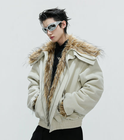 Washed Fake Fur Collar Lapel Thick Puffer Jacket WN21745
