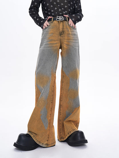 Gradient Short Sleeve Damage Denim Shirt Jacket & Micro Flare Denim Jeans Setup WN6913