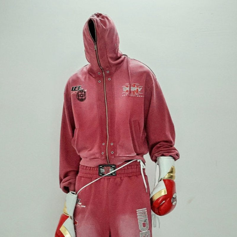 Graphic Print Zipper Hoodie & Washed Eyelet Pants Setup WN20837