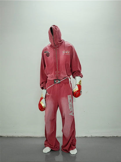 Graphic Print Zipper Hoodie & Washed Eyelet Pants Setup WN20837