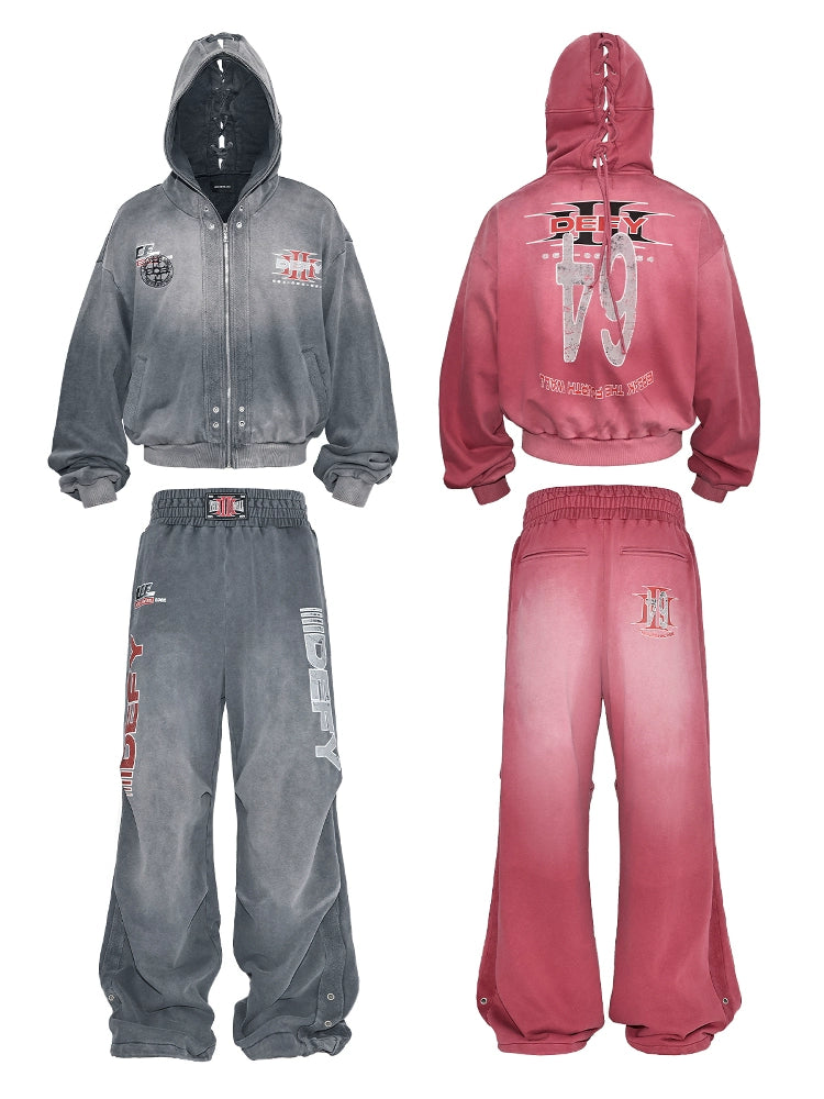 Graphic Print Zipper Hoodie & Washed Eyelet Pants Setup WN20837