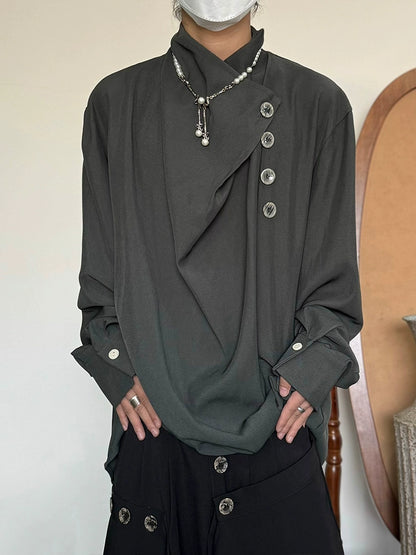 Standing-Collar Irregular Neckline Elegant Long Sleeve Shirt WN19983