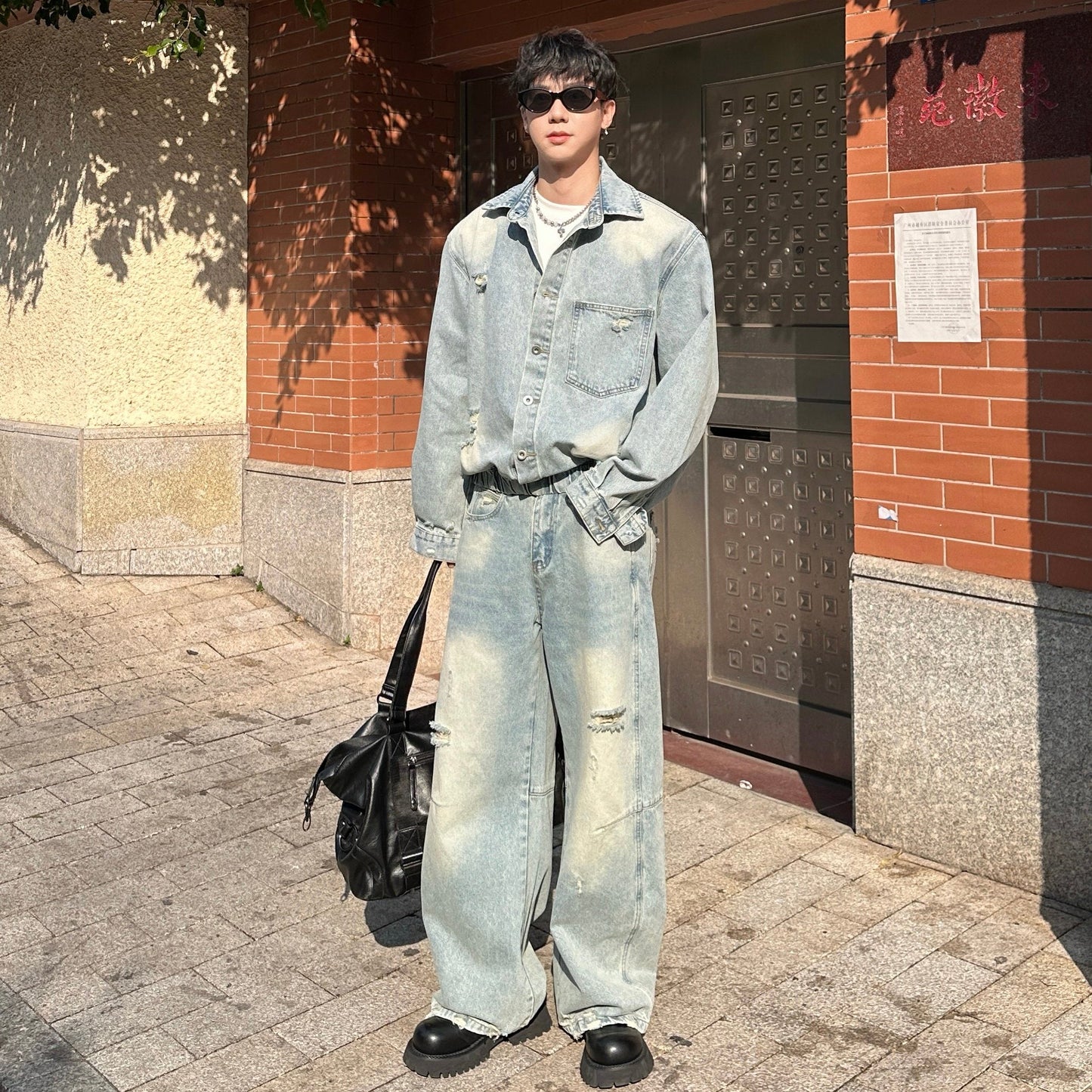 Damage Denim Jacket & Wide Leg Denim Jeans Setup WN25359