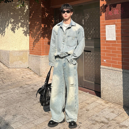 Damage Denim Jacket & Wide Leg Denim Jeans Setup WN25359