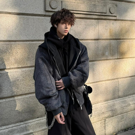 Fake Layered Hooded Thick Wool Jacket WN23175