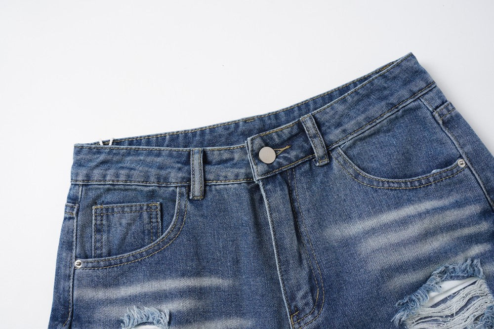 Damage Washed Wide Leg Denim Jeans WN27962