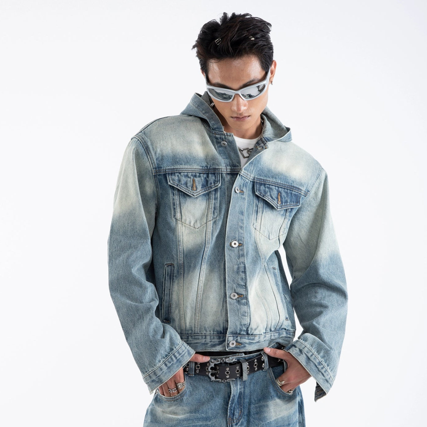Washed Hooded Denim Jacket & Wide Leg Denim Jeans Setup WN20652