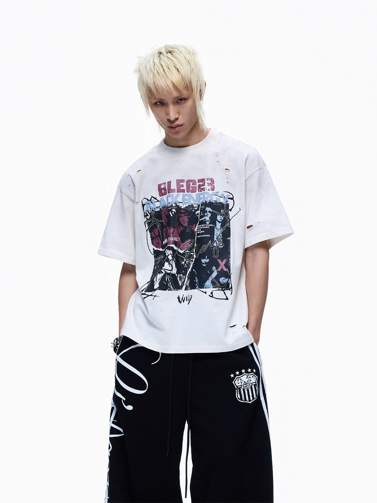 Ripped Wash Band Print Oversize Short Sleeve T-Shirt WN27360