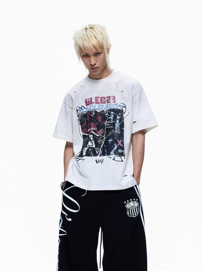 Ripped Wash Band Print Oversize Short Sleeve T-Shirt WN27360