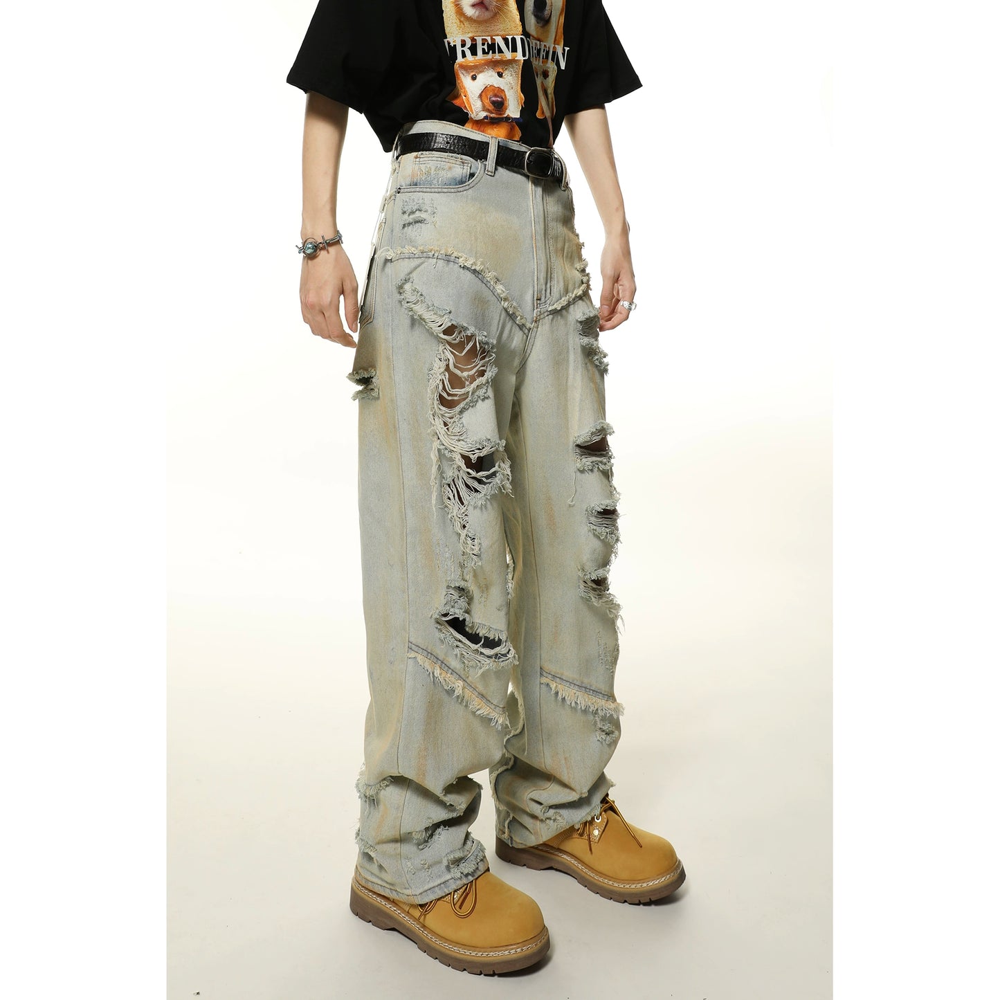 Washed Damage Wide-Leg Straight Denim Jeans WN7102