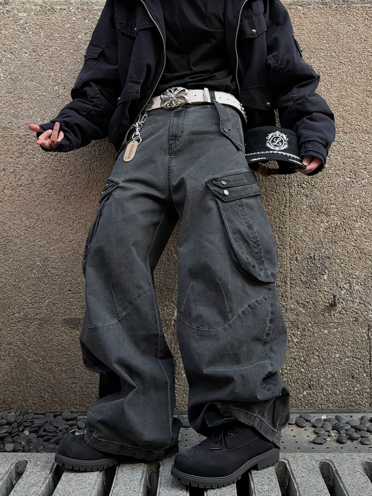 Washed Multi-Pocket Wide Leg Cargo Pants WN24391