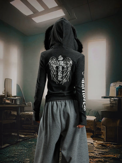 Letter Print Fake Fur Pullover Hoodie WN21375