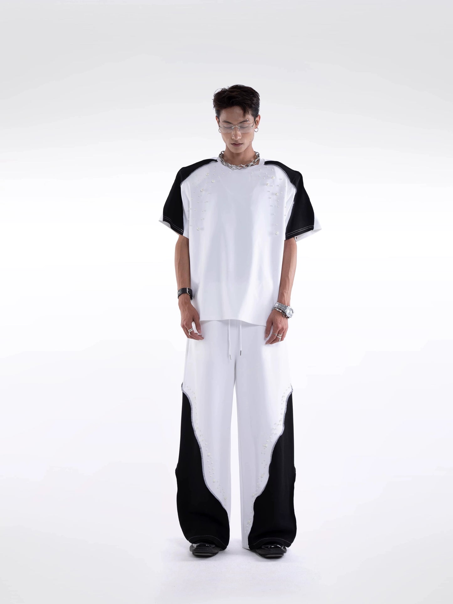 Beading Paint Shoulder-Pad Short Sleeve T-Shirt & Wide Leg Pants Setup WN20640