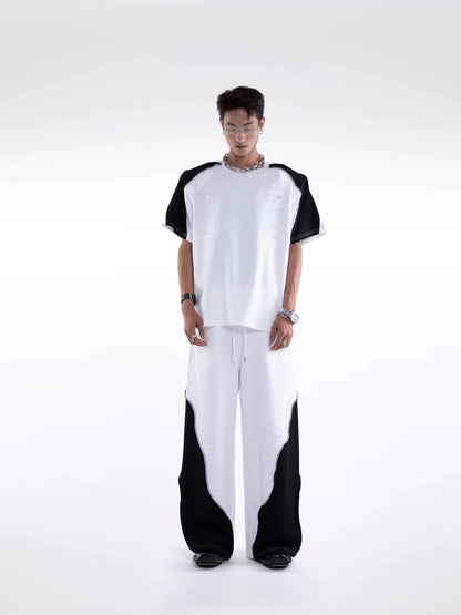 Beading Paint Shoulder-Pad Short Sleeve T-Shirt & Wide Leg Pants Setup WN20640