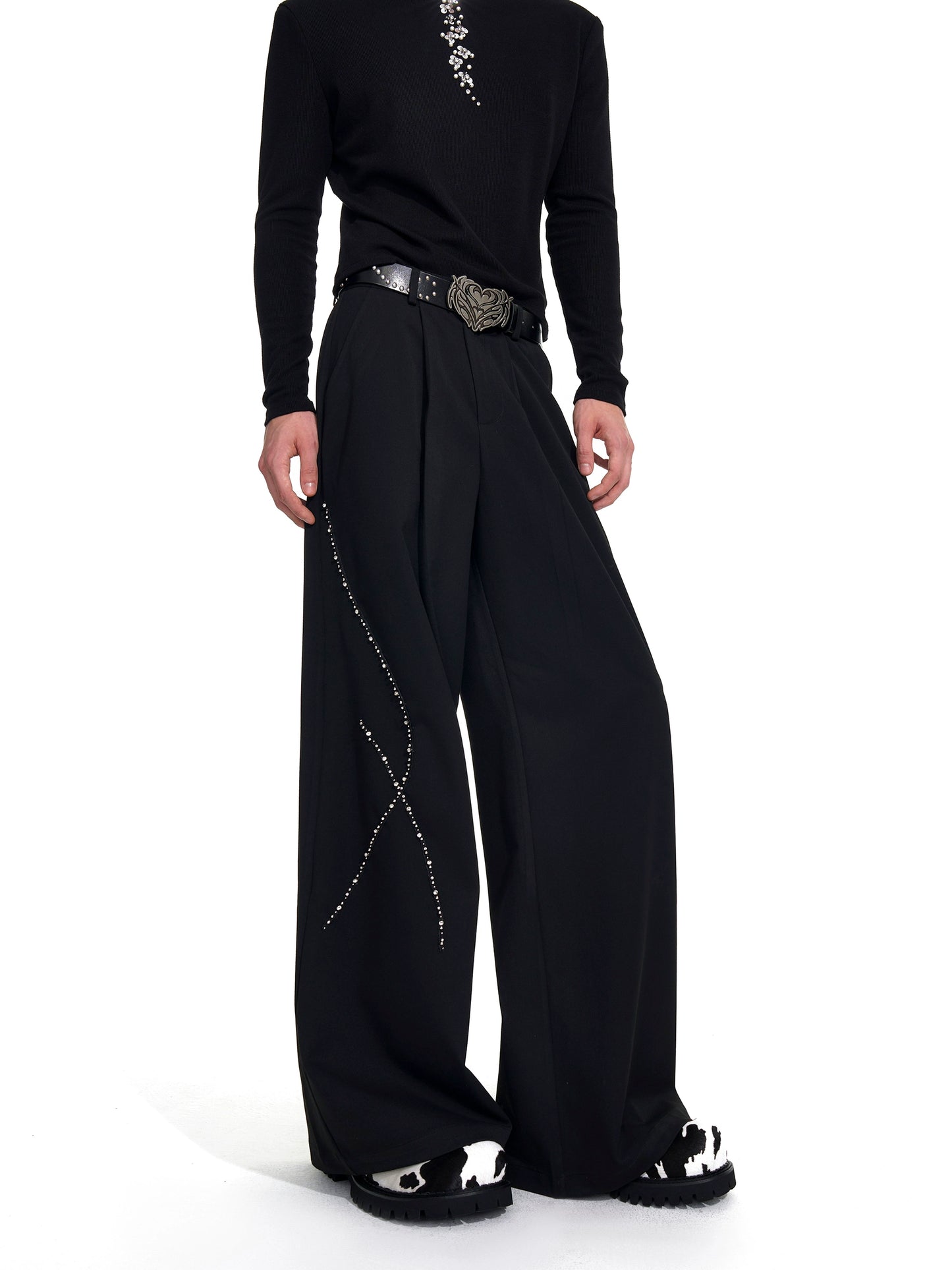 Collarless Shoulder-Pad Rhinestone Tailored Jacket & Rhinestone Trousers Setup WN20924