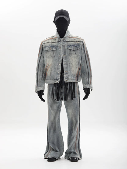 Washed Shoulder-Pad Denim Jacket ＆ Straight Denim Jeans Setup WN18655