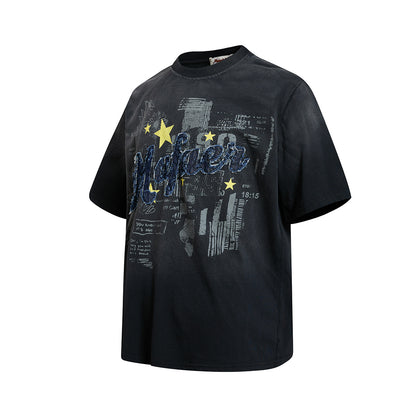 Star Applique Embroidery Washed Short Sleeve T-Shirt WN25651