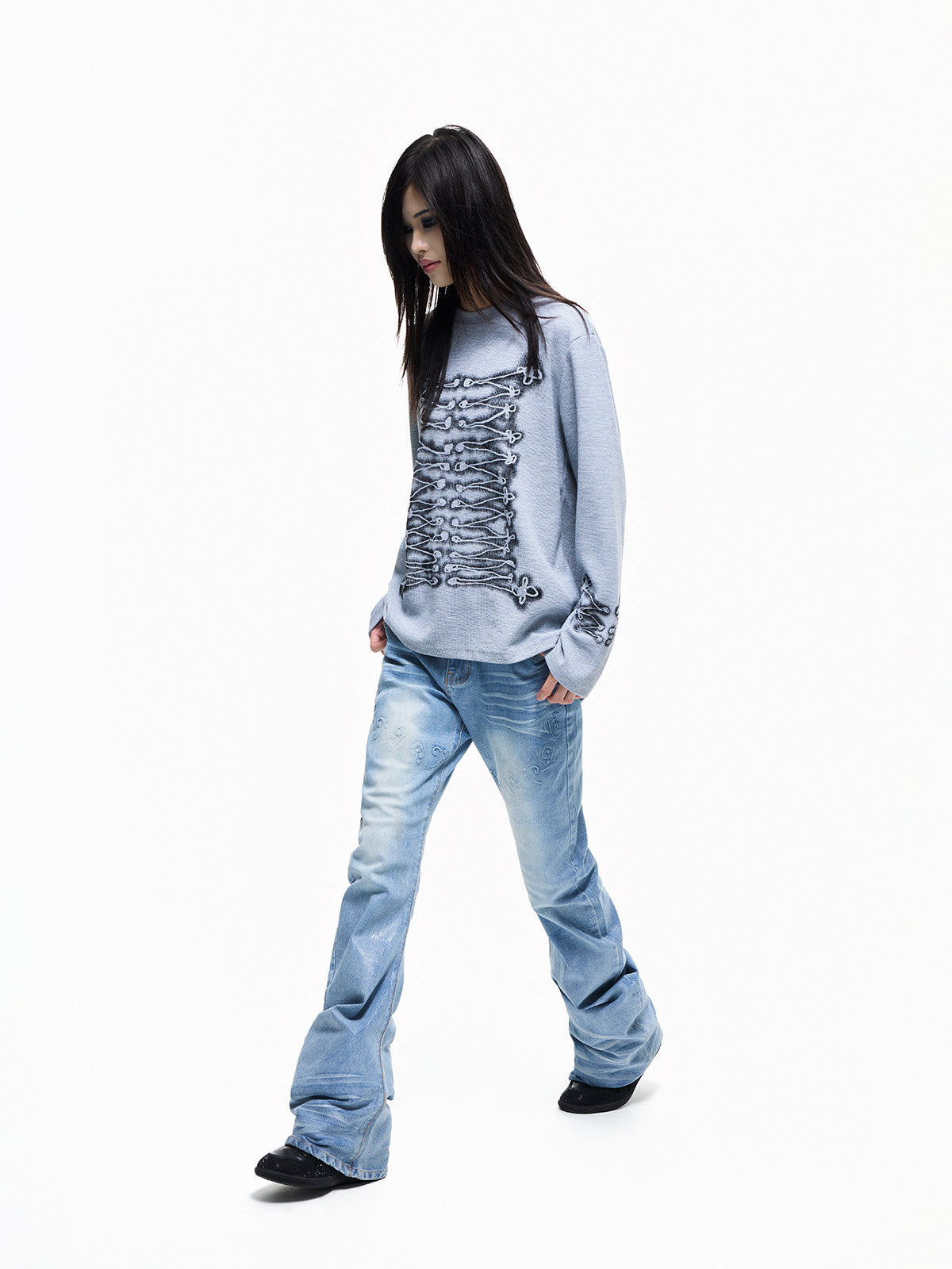Skeleton Graphic Oversize Waffle Long Sleeve T-Shirt WN27254