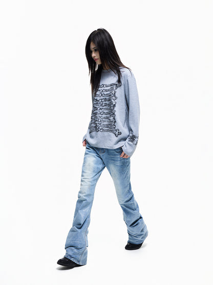 Skeleton Graphic Oversize Waffle Long Sleeve T-Shirt WN27254