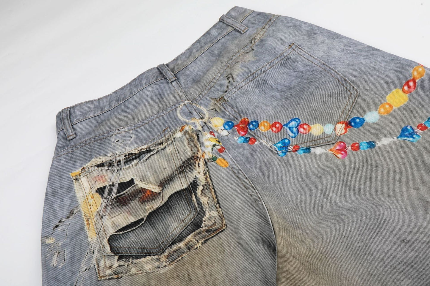 Washed Damage Embroidery Wide Leg Denim Jeans WN25388