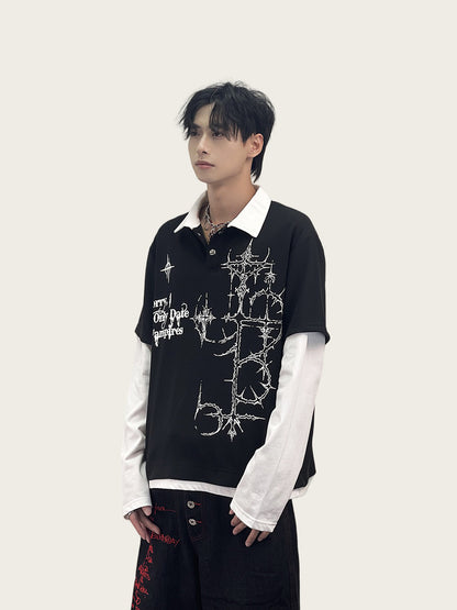 Cross Fake Layered Waffle Long Sleeve Polo T Shirt WN24245