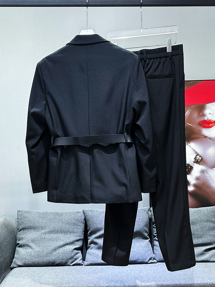 Patchwork Color Block Fake Layered Tailored Jacket & Straight Trousers Setup WN23926