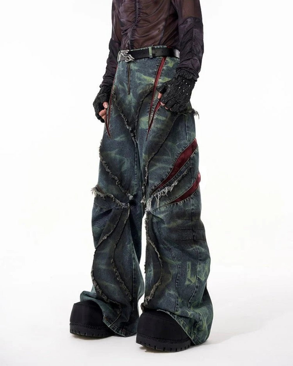 Frayed Panel Graphic Flare Denim Jeans WN27982