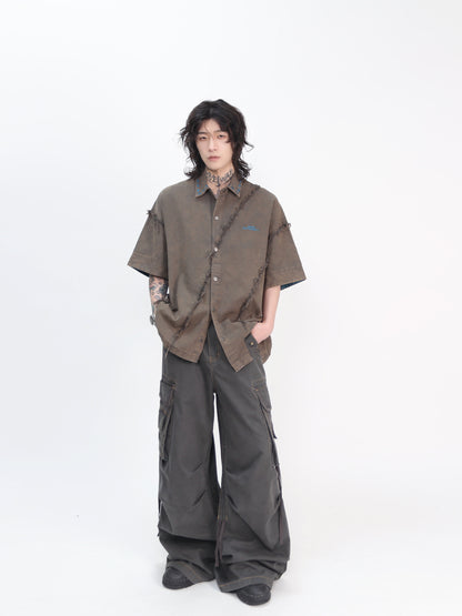 Washed Patchwork Damage Oversize Short Sleeve Shirt WN24432