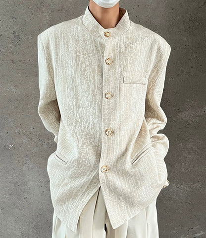 Standing-Collar Linen Jacquard Tailored Jacket WN20028