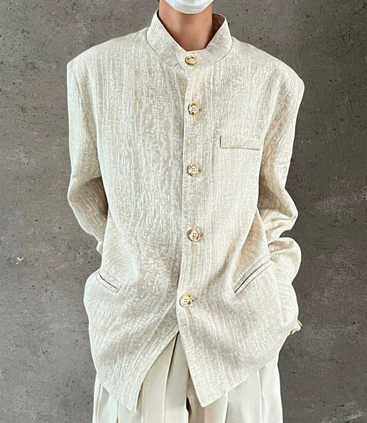 Standing-Collar Linen Jacquard Tailored Jacket WN20028
