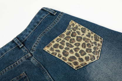 Leopard Print Cross Wide Leg Denim Jeans WN25579