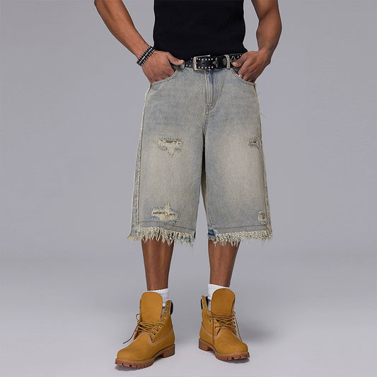 Washed Patchwork Raw Hem Denim Half Jeans WN17890