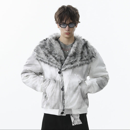 Dirty Washed Fake Fur Collar Puffer Jacket WN21858