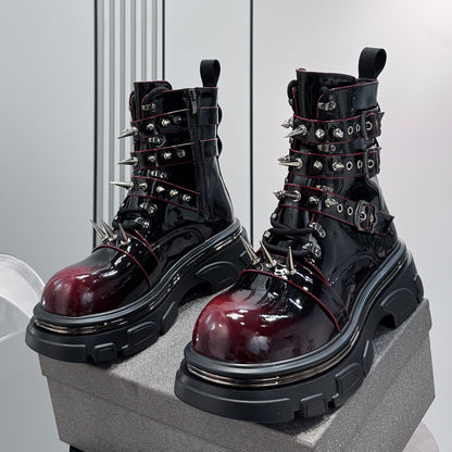 Patent Strap Buckle Spike Platform Boots WN24726