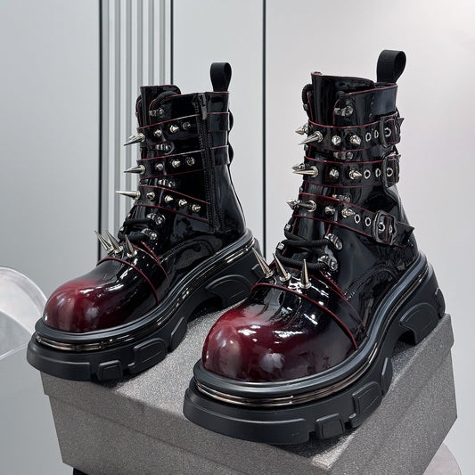 Patent Strap Buckle Spike Platform Boots WN24726