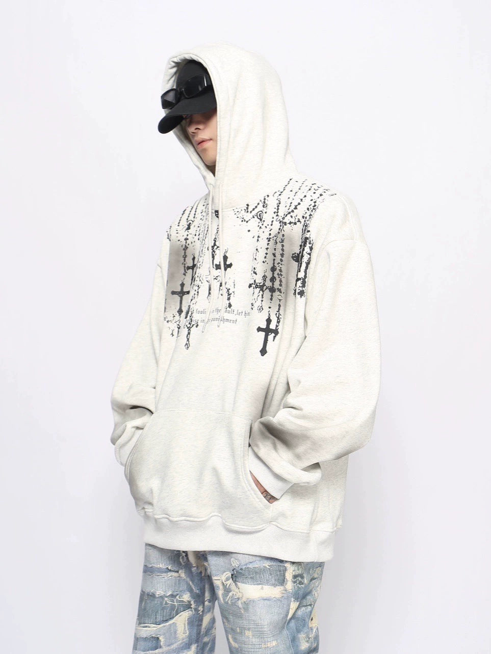 Cross Print Fleece Linning Oversize Pullover Hoodie WN10934