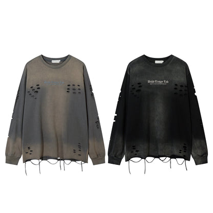 Damage Washed Gradient Letter Embroidery Oversize Long Sleeve T-Shirt WN11120