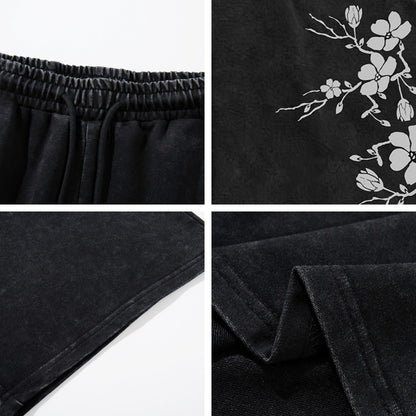 Washed Plum Blossom Print Half Sweatpants WN26749