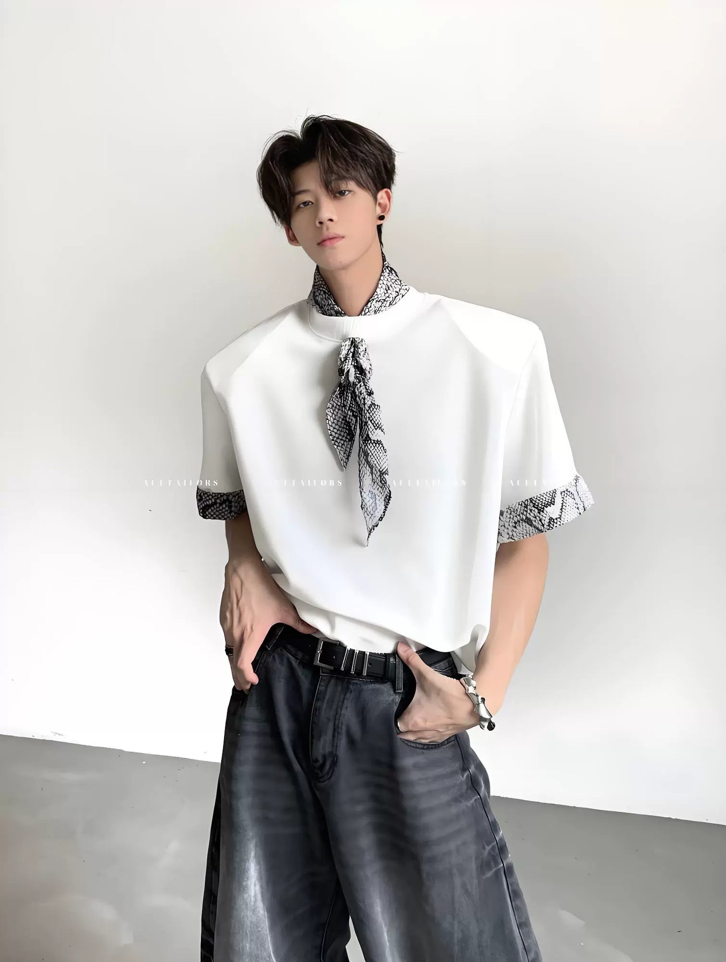 Snake Neck Patchwork Shoulder-Pad Short Sleeve T-Shirt WN20080