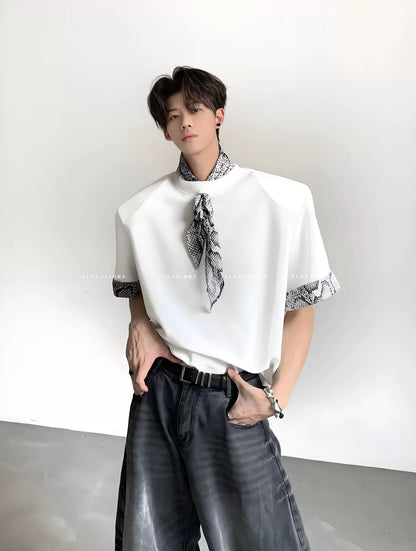 Snake Neck Patchwork Shoulder-Pad Short Sleeve T-Shirt WN20080