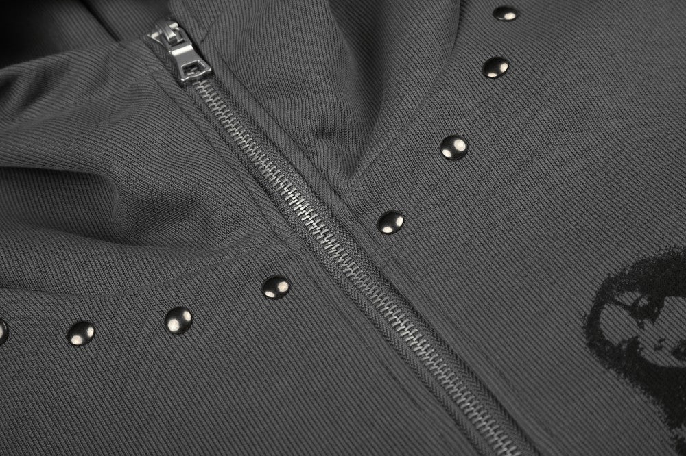 Graphic Print Studs Detail Cropped Zipper Hoodie WN28057