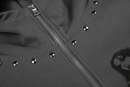 Graphic Print Studs Detail Cropped Zipper Hoodie WN28057