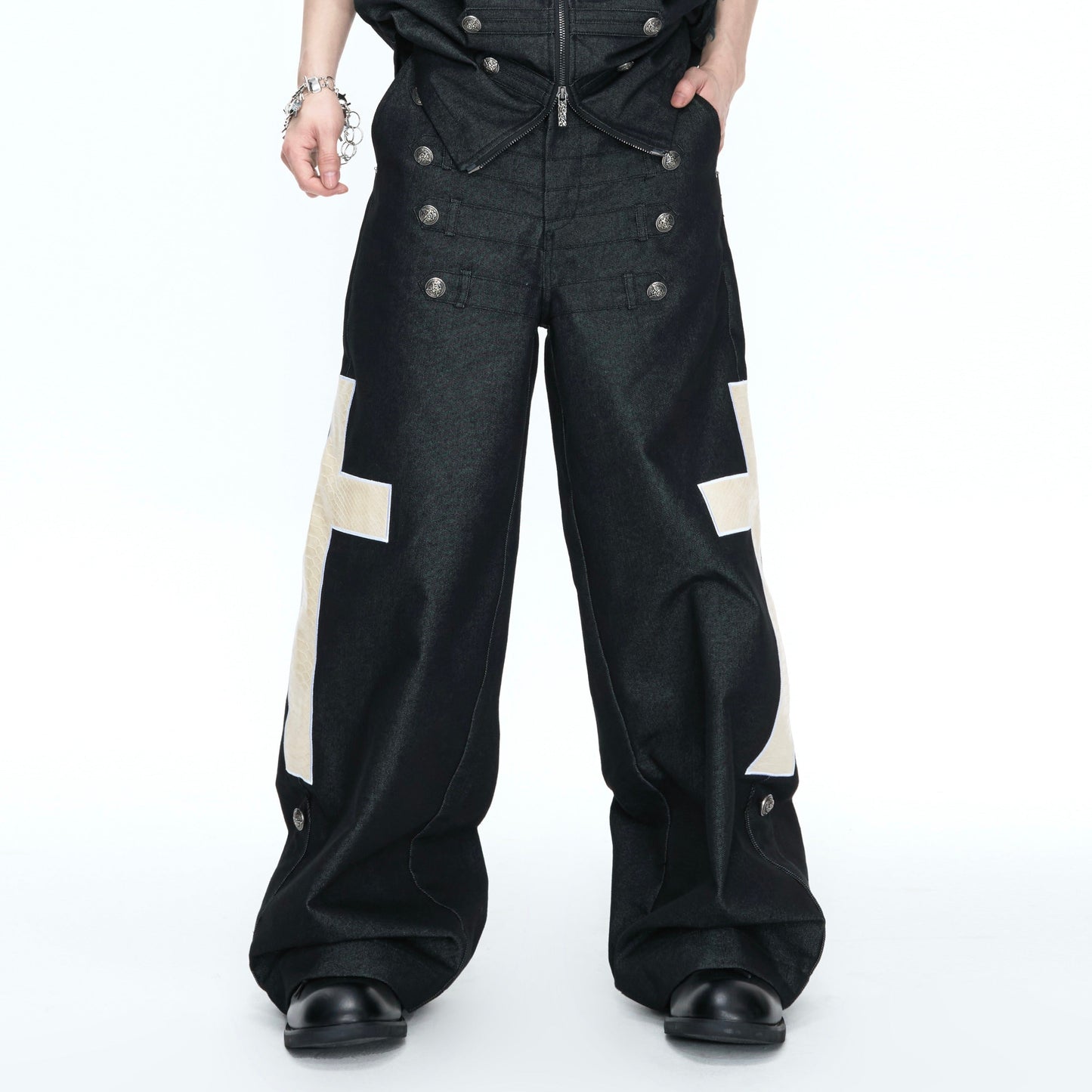 Croc Pattern Leather Cross Patch Double-Breasted Wide Leg Denim Jeans WN26971