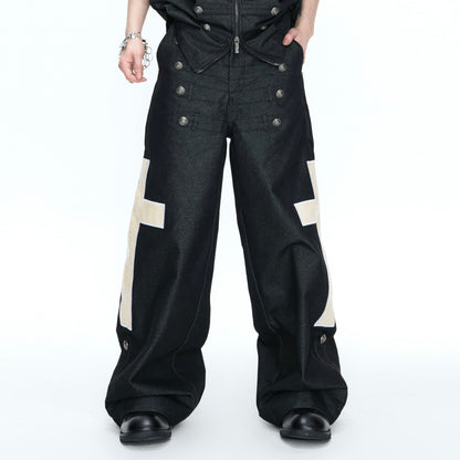 Croc Pattern Leather Cross Patch Double-Breasted Wide Leg Denim Jeans WN26971