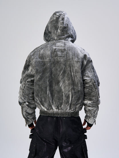 Mud Dye Pleats Hooded Denim Puffer Jacket WN27467