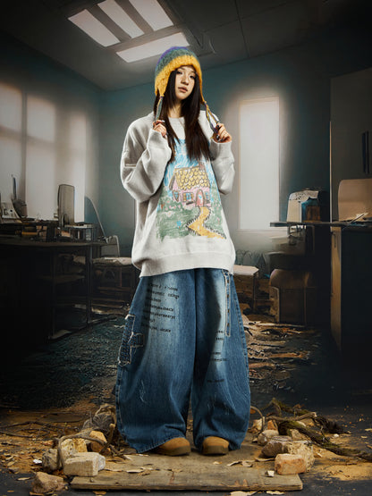 Artwork Print Thin Oversize Knit Sweater WN22749