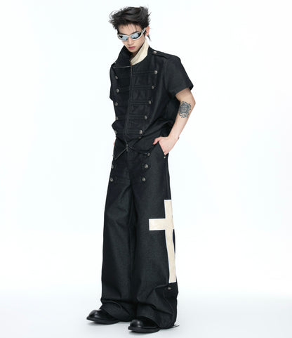 Double-Breasted Leather Collar Short Sleeve Shirt & Cross Patch Wide Leg Denim Jeans Setup WN26970