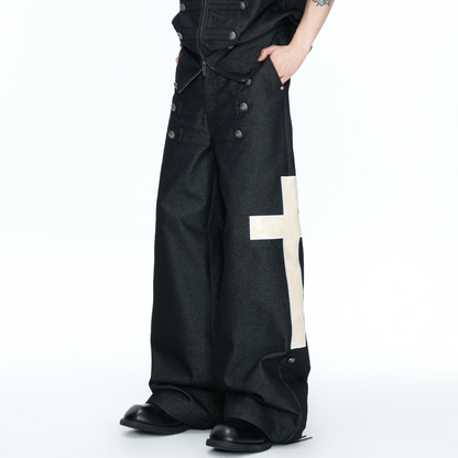 Double-Breasted Leather Collar Short Sleeve Shirt & Cross Patch Wide Leg Denim Jeans Setup WN26970