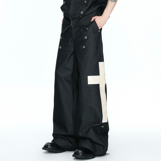 Double-Breasted Leather Collar Short Sleeve Shirt & Cross Patch Wide Leg Denim Jeans Setup WN26970