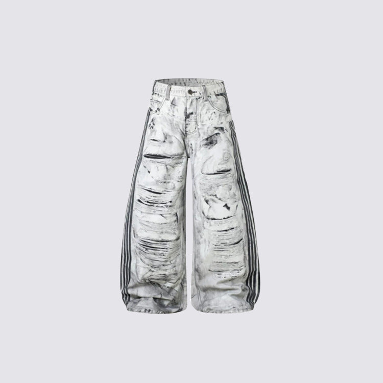 3D Print Ripped Tie-Dye Wide Leg Denim Jeans WN27866